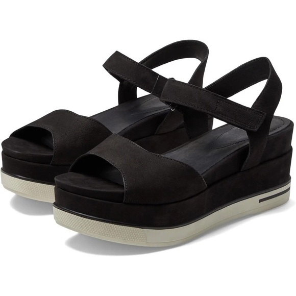 Eileen Fisher Beck Black Leather Platform Sandals Size 9.5 - Picture 1 of 11